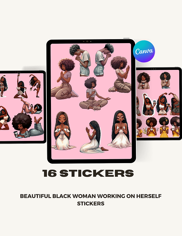 16 Stickers of beautiful black woman working on herself